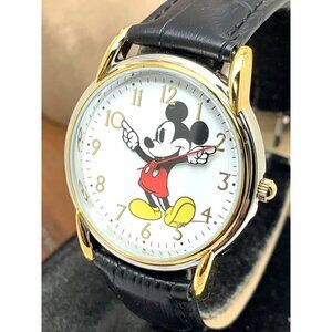 Disney Mickey Mouse Women's Watch White Dial Quartz Black Leather Band W002755